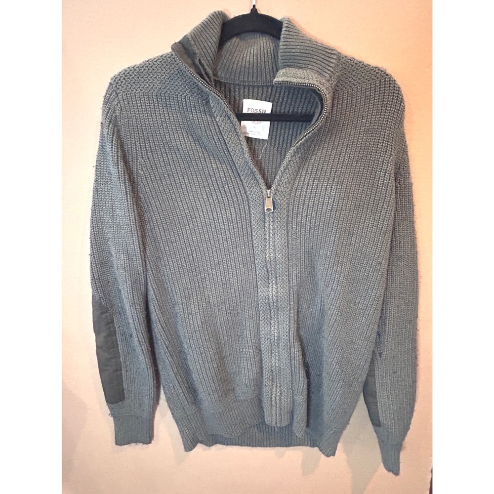 Fossil Full Zip Cardigan Mens Small‎ Green Ribbed Knit Elbow Patches Sweater